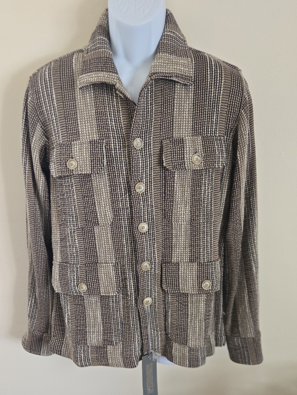 SUNHOUSE Sartorial Knitwear Lightweight Stripped Overshirt — Taupe, Cream & Blue
